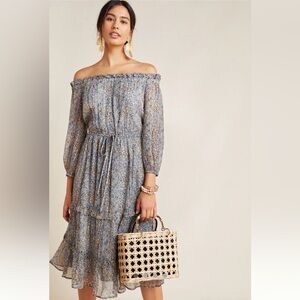Anthropologie Blue Floral Off-Shoulder Midi Dress